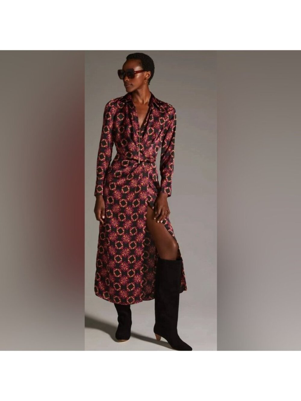 Misa Los Angeles X Anthropologie silky long sleeve abstract print Maxi with slit